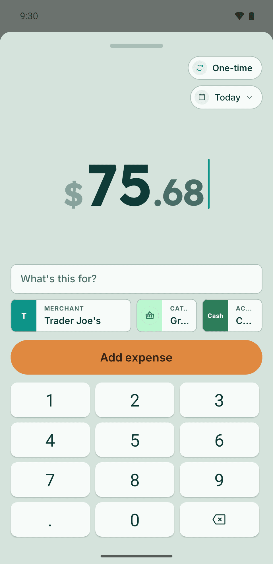 Adding an expense in Eider, with the numpad open on the amount