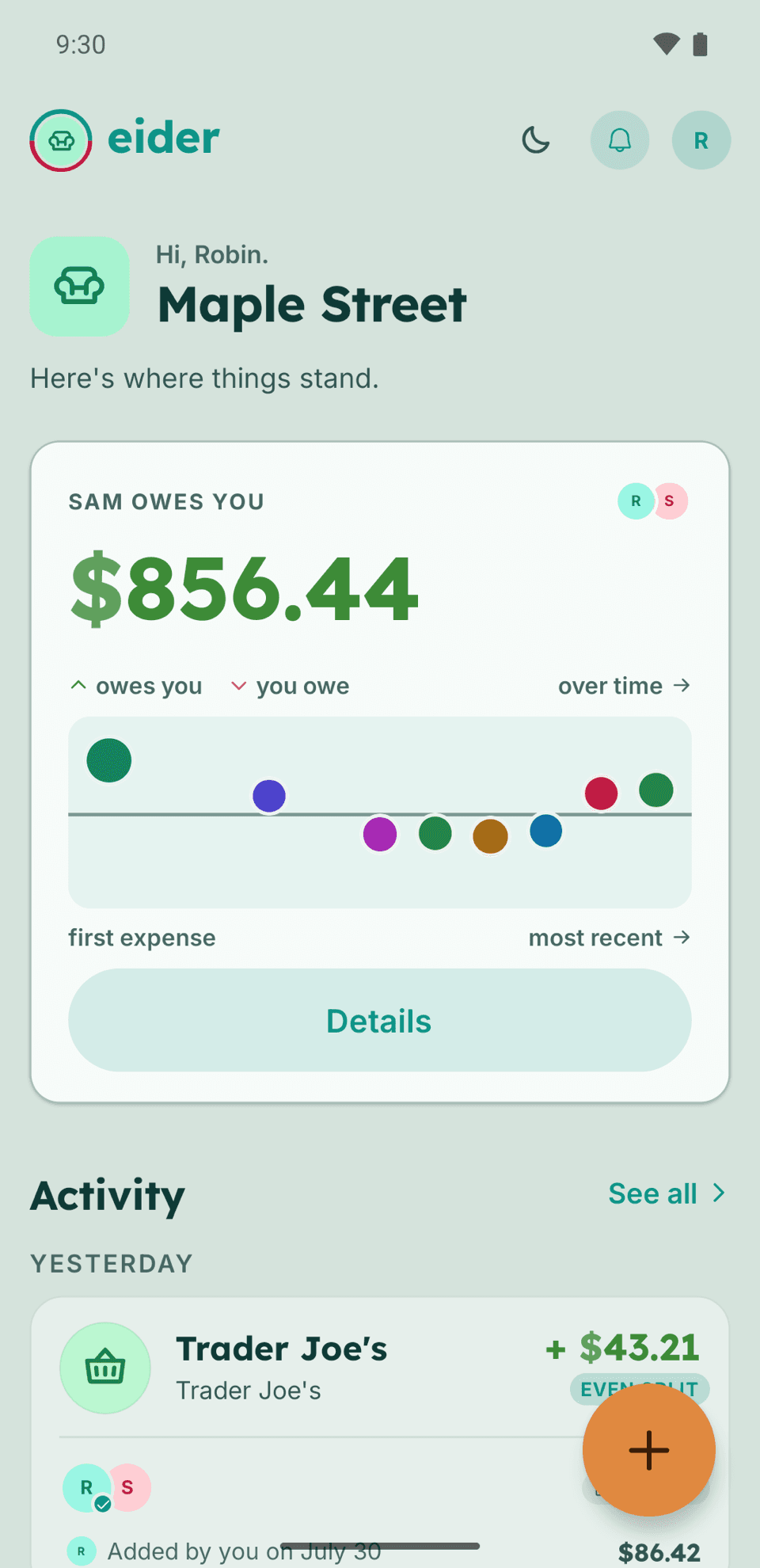 A nest's home screen in Eider, showing the running balance and recent expenses