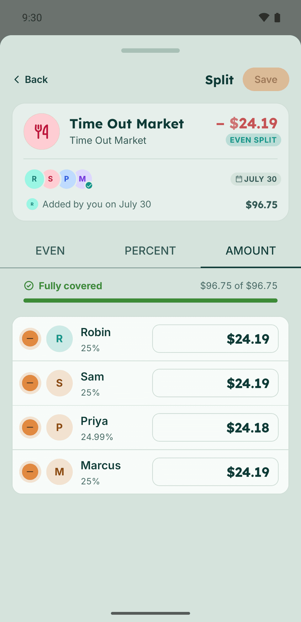 Editing an expense's split in Eider, with a share for each member