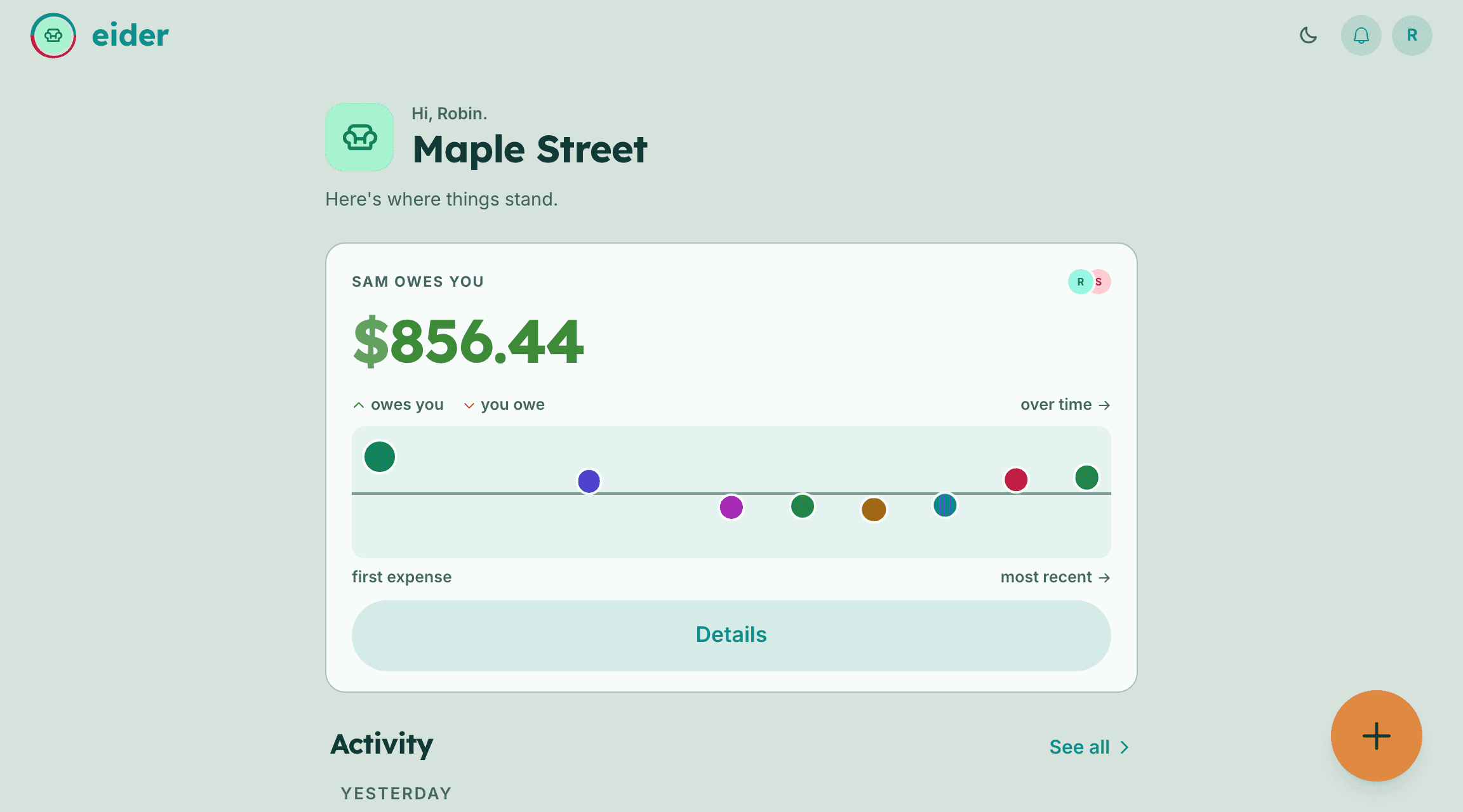 A household nest in Eider in a browser, showing balances, recent expenses, and spending over time