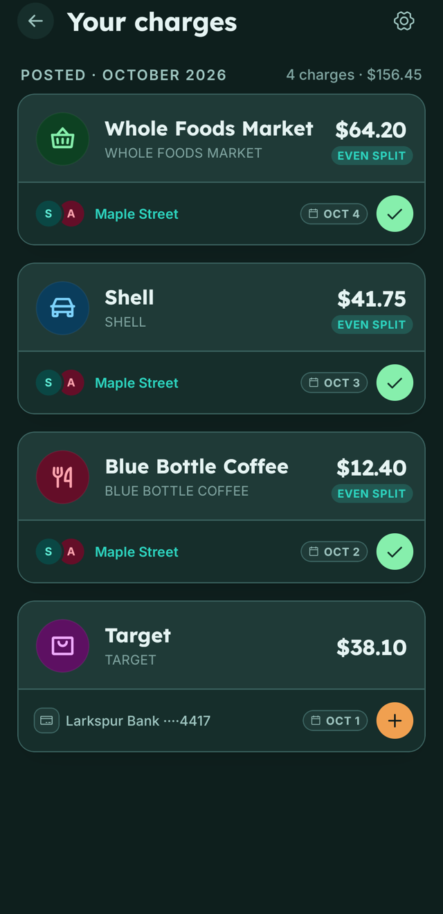 The Your charges screen on Android, listing four card charges. Whole Foods Market, Shell and Blue Bottle Coffee are each added to a nest called Maple Street at an even split. The fourth, Target for $38.10, has not been added and shows an add button.