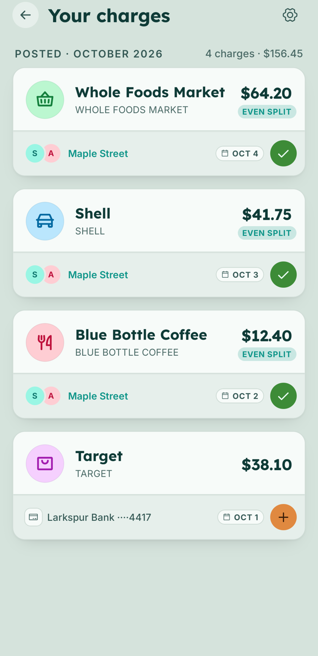 The Your charges screen on Android, listing four card charges. Whole Foods Market, Shell and Blue Bottle Coffee are each added to a nest called Maple Street at an even split. The fourth, Target for $38.10, has not been added and shows an add button.